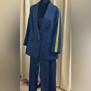 Wildfang Navy Suit with Neon Yellow Stripe